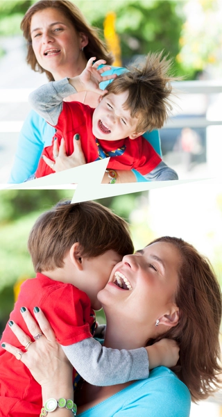Avant-après-coaching parental Avant le coaching parental, le garçon es en crise. Après le coaching parental, moment de complicité mère fils